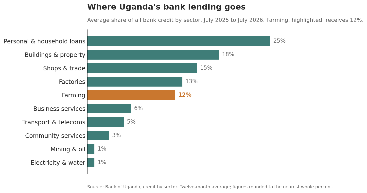 Horizontal bar chart of the average share of bank credit by sector, July 2025 to July 2026, with personal and household loans largest at 25% and farming fifth at 12%